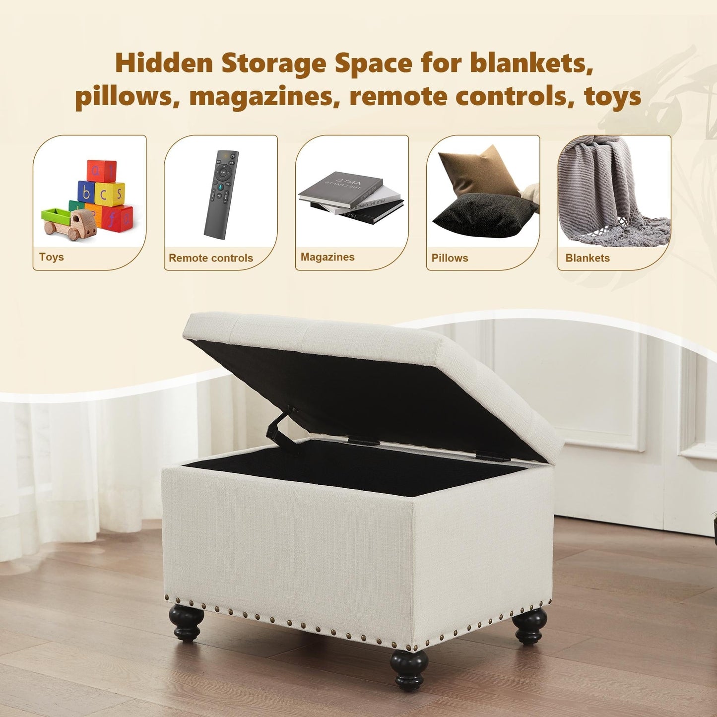 Tufted Storage Ottoman Bench, Rectangular Footstool