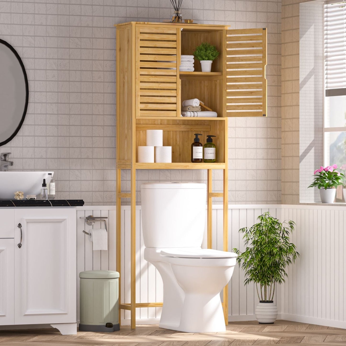 VEIKOUS Bamboo Over The Toilet Storage Cabinet Cupboard Bathroom Organizer with Adjustable Shelf and Double Doors