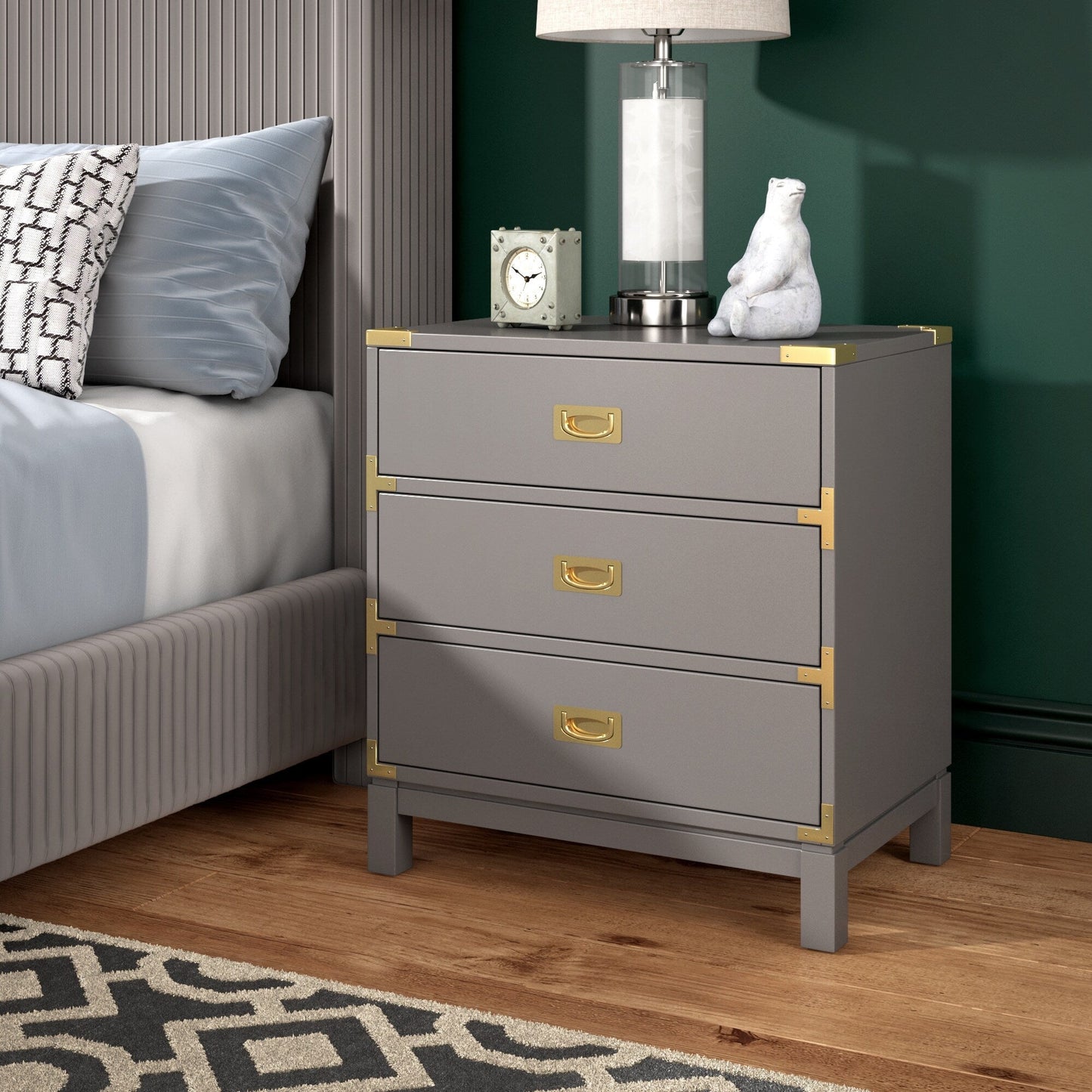 Valoria 3-Drawer Gold Accent Nightstand