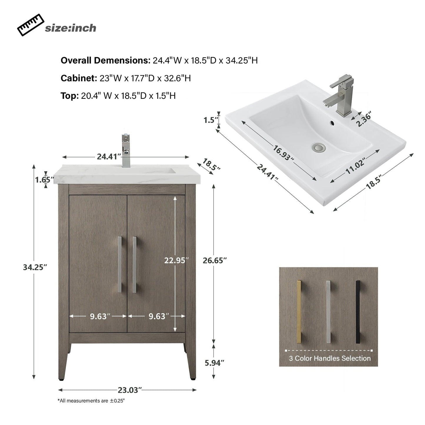 Vanity Art 20 or 24 or 30 Single Sink Bathroom Vanity Cabinet with Ceramic Top