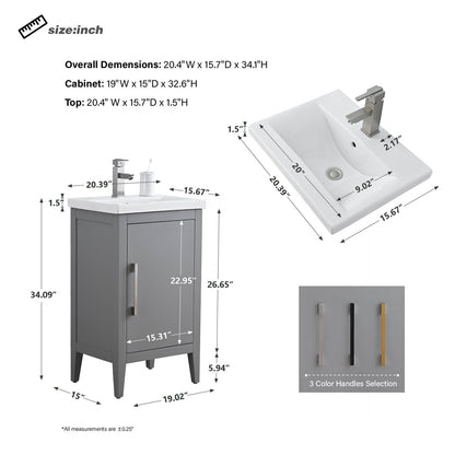 Vanity Art 20 or 24 or 30 Single Sink Bathroom Vanity Cabinet with Ceramic Top