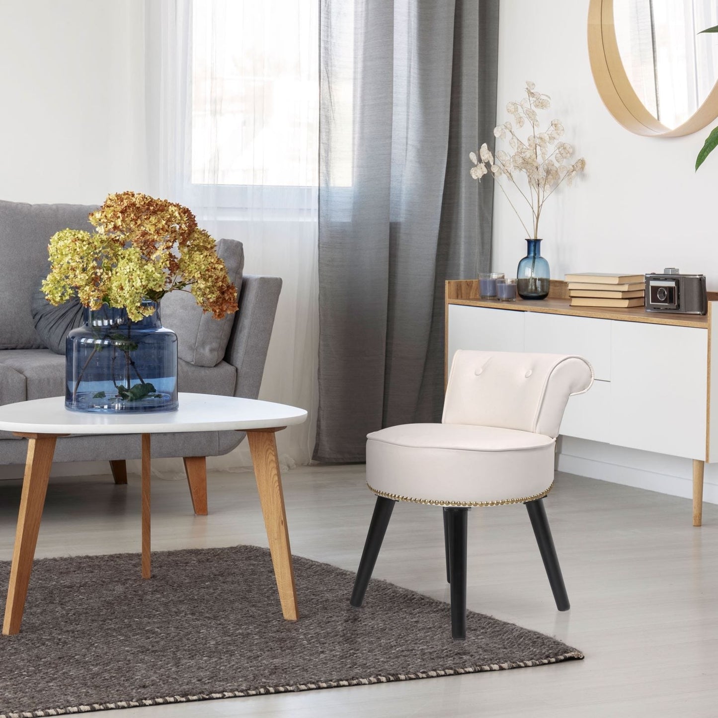 VEIKOUS Makeup Vanity Stool Chair with Low Back and Wood Legs-17.3 x 15.7 x 25.1