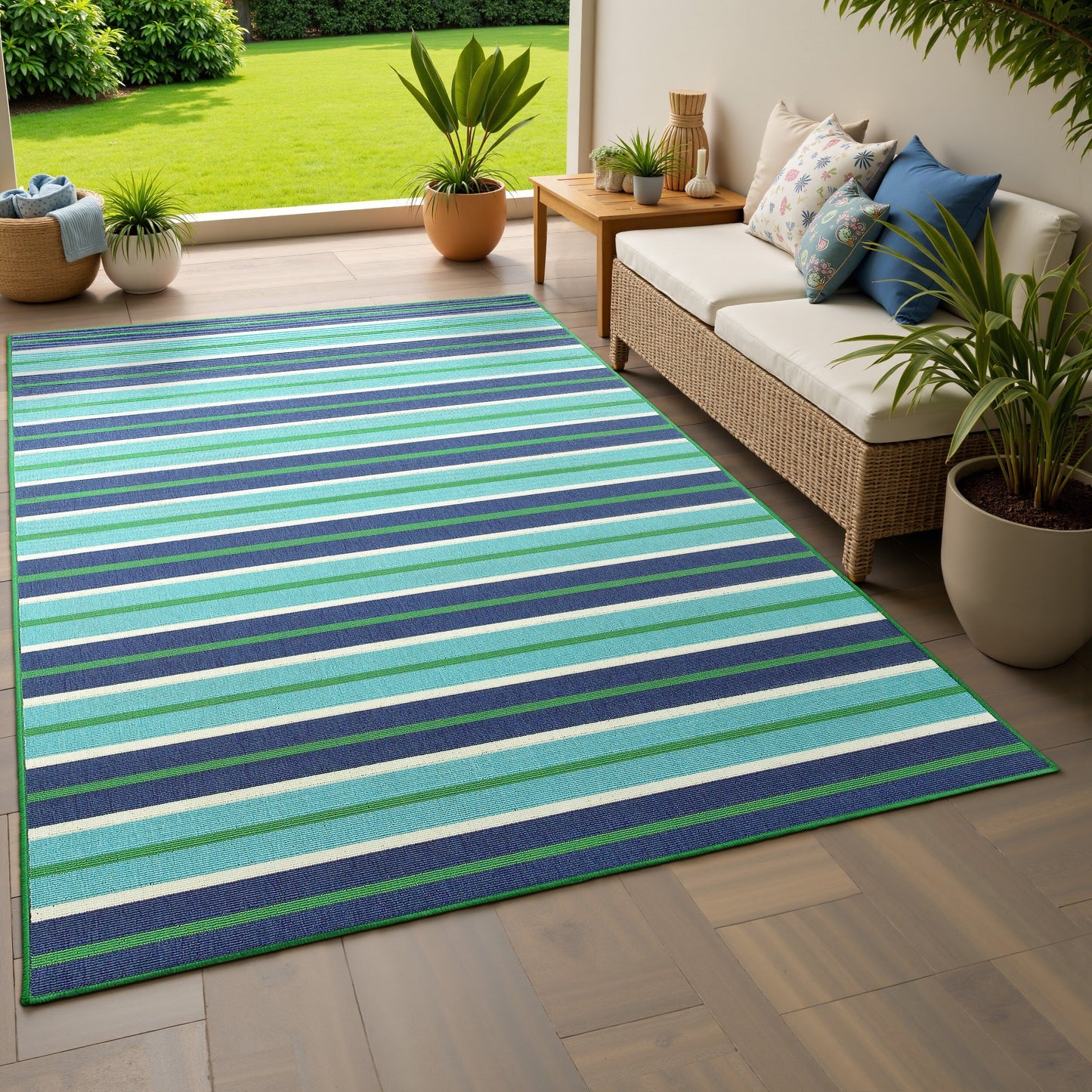 Vista Home Mackinac Blue Stripes Indoor/Outdoor Rug.