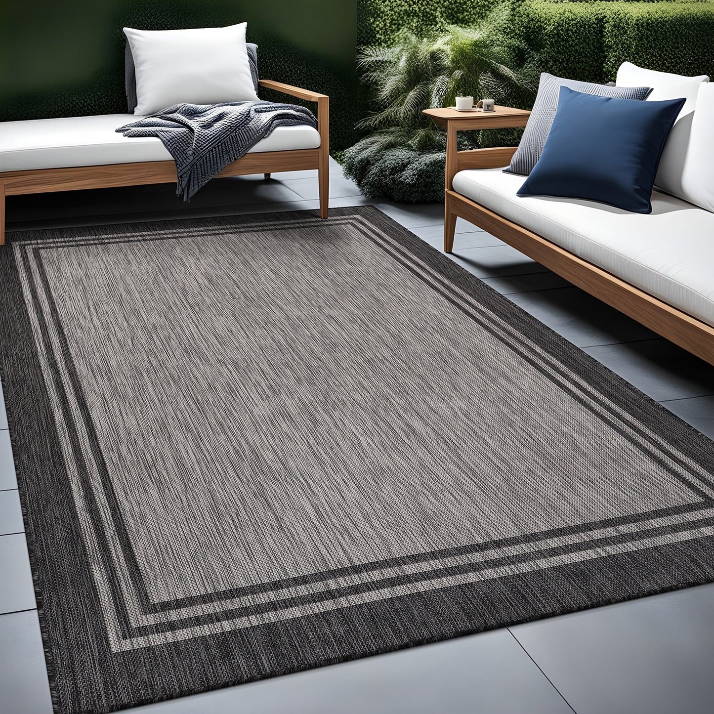 Washable Bordered Indoor Outdoor Rug for Patio, Deck, Porch