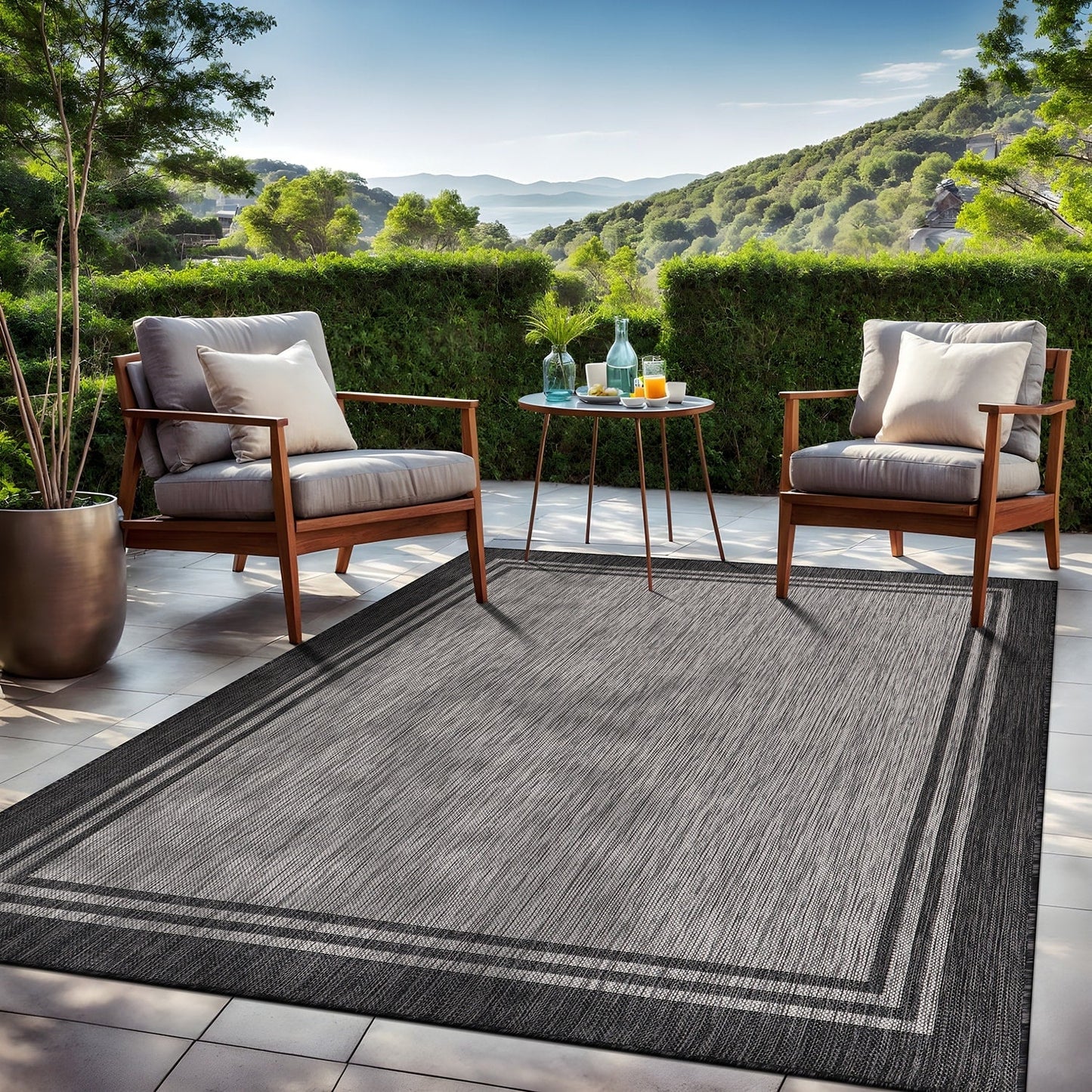 Washable Bordered Indoor Outdoor Rug for Patio, Deck, Porch