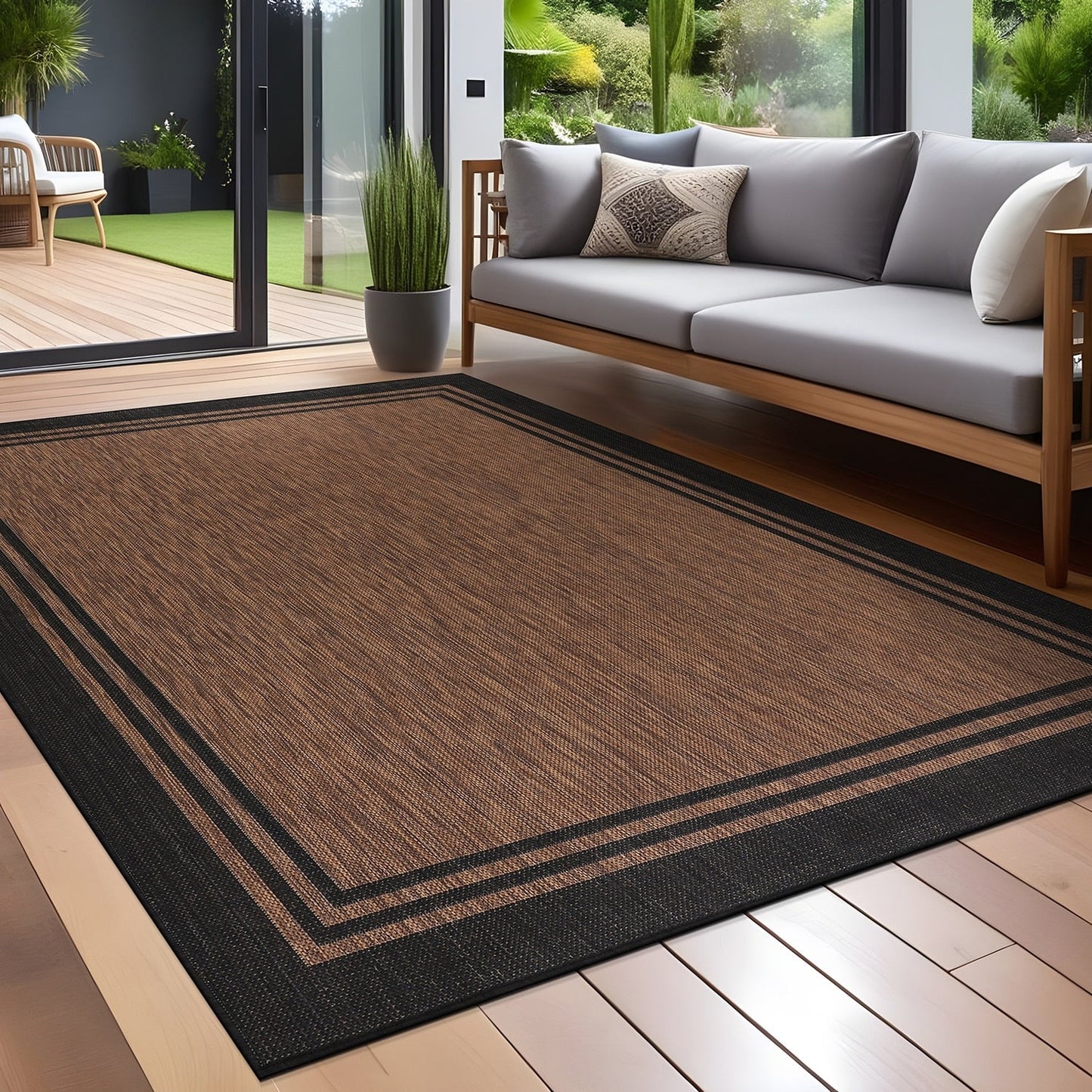 Washable Bordered Indoor Outdoor Rug for Patio, Deck, Porch