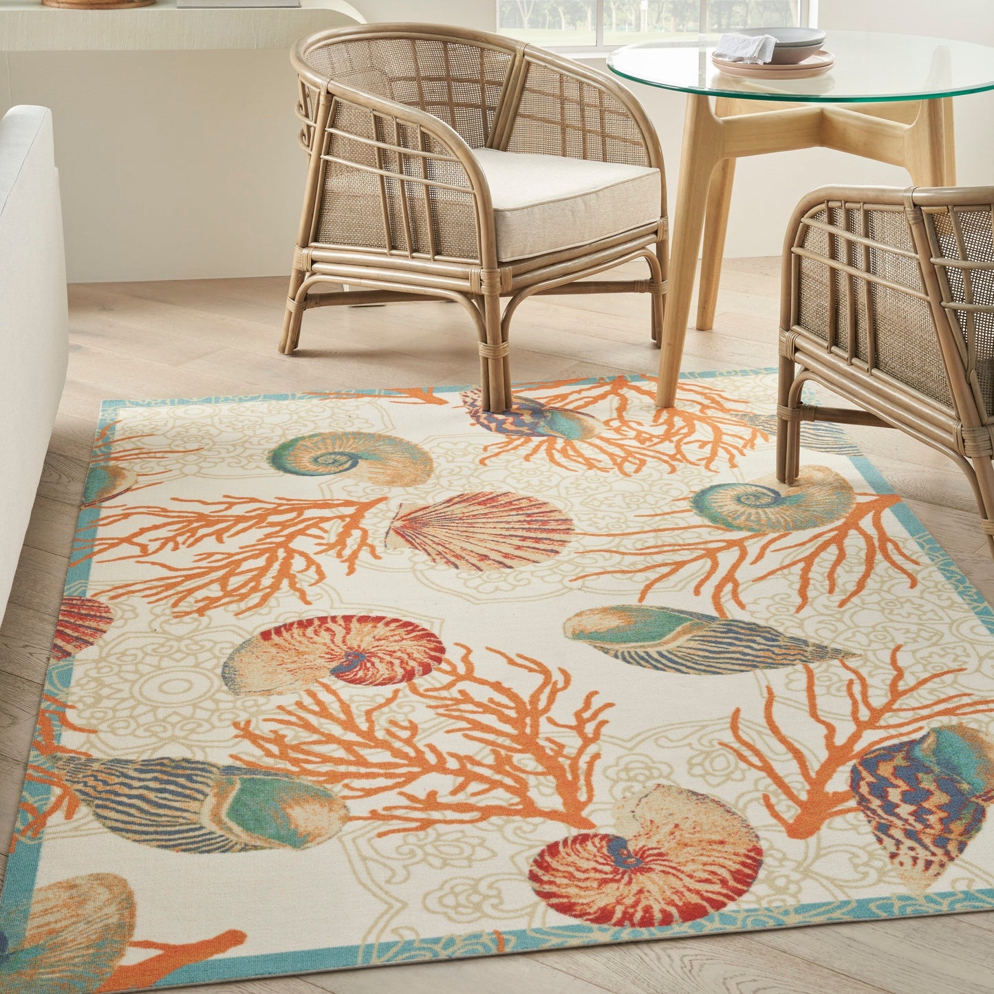 Waverly Sun & Shade Shore Thing Tropical Sea Shell Floral Indoor Outdoor Area Rug