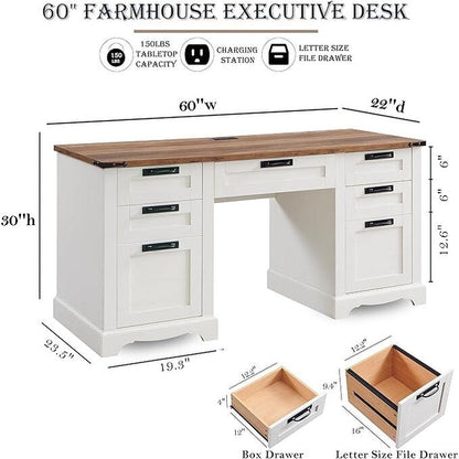 60 Farmhouse Executive Desk, Wood Home Office Desk, Computer Desk