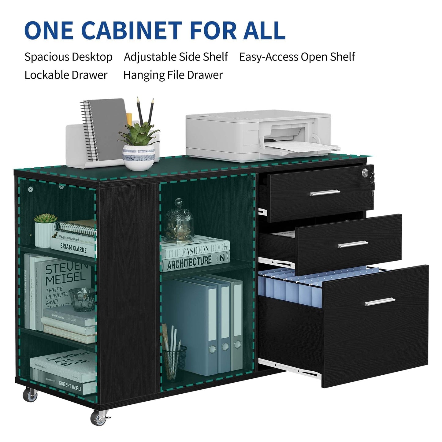 Wood File Cabinet with Charging Station Mobile Lateral Filing Cabinet Lockable Fits A4 Letter Legal Size Files