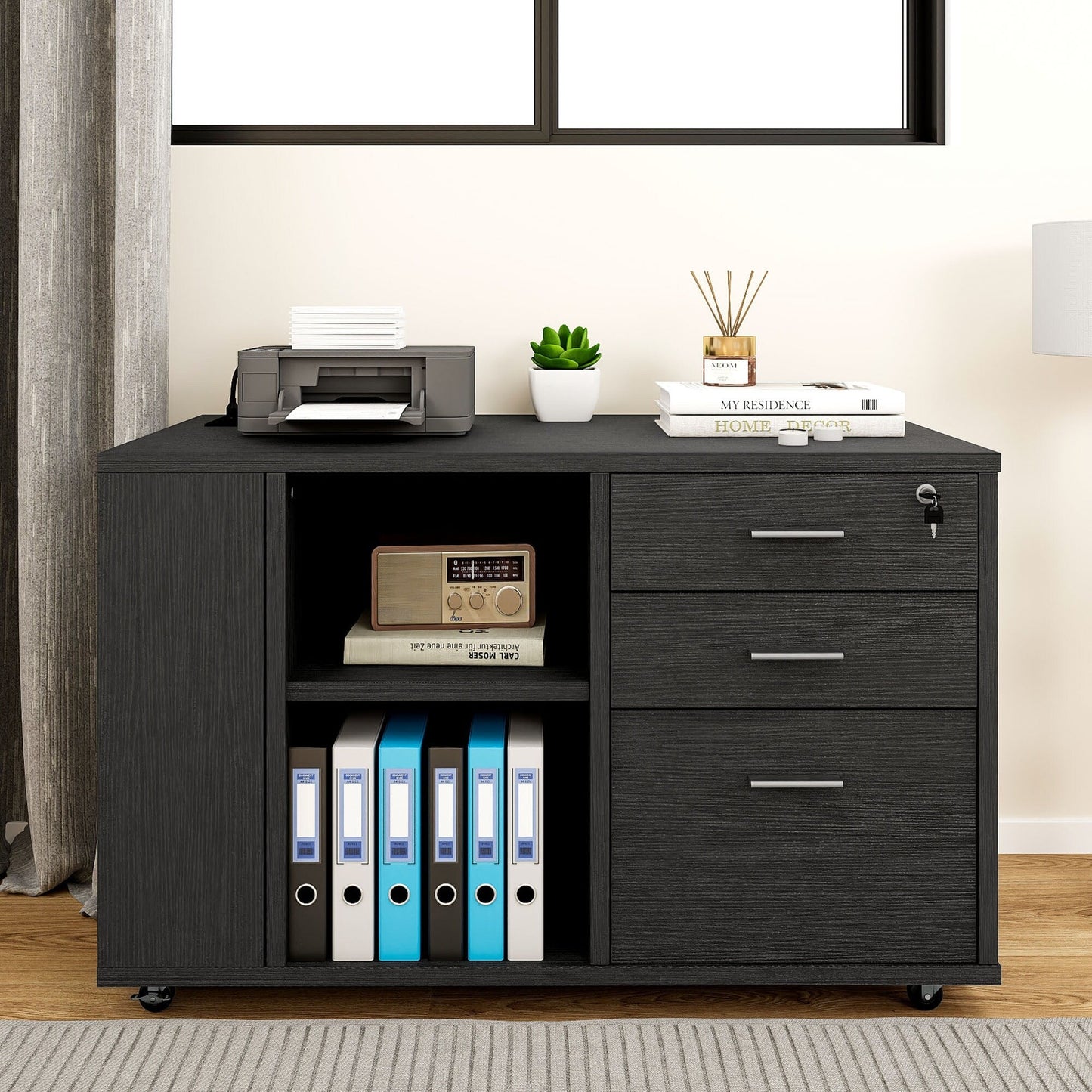 Wood File Cabinet with Charging Station Mobile Lateral Filing Cabinet Lockable Fits A4 Letter Legal Size Files