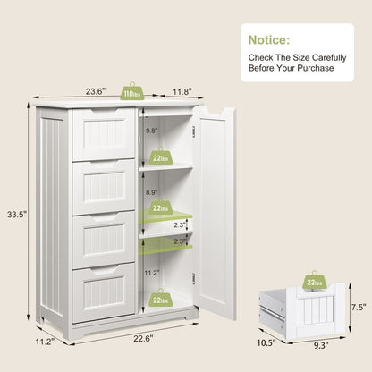 Bathroom Floor Storage Cabinet, Free-Standing Floor Storage Cabinet with 4 Draws and Adjustable Shelf